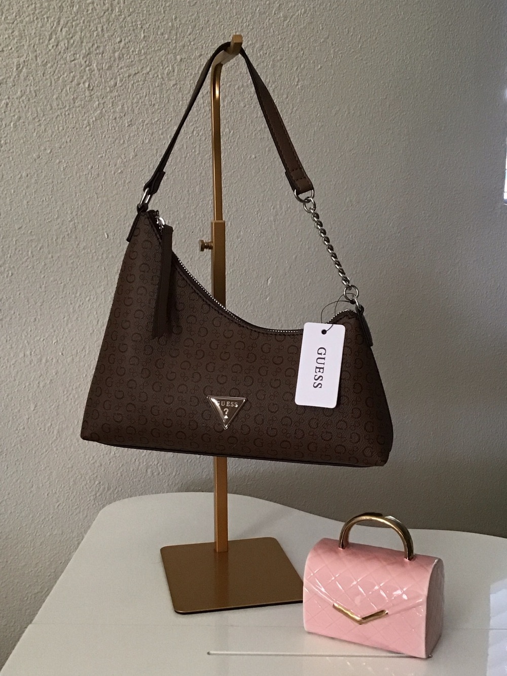 GUESS Brown Monogram Shoulder Bag with Chain-Detail Strap - Picture 1 of 5